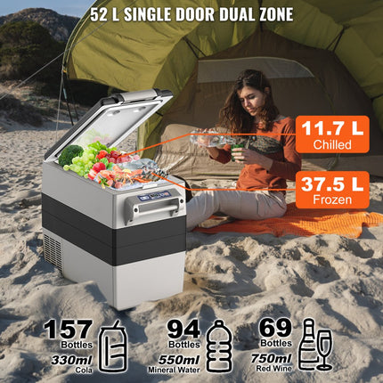 VEVOR 12V autokoelkast autokoelbox, draagbare 52L dubbele zone vriezer en handvat, instelbaar bereik -20 ~ 10 ℃, compressor koeler vrachtwagen boot buiten kamperen