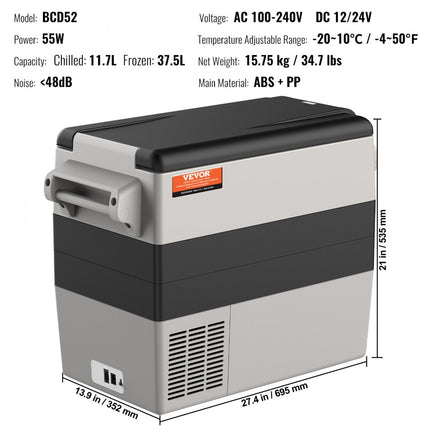 VEVOR 12V autokoelkast autokoelbox, draagbare 52L dubbele zone vriezer en handvat, instelbaar bereik -20 ~ 10 ℃, compressor koeler vrachtwagen boot buiten kamperen