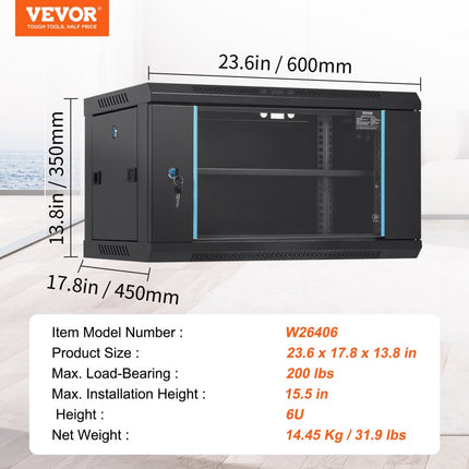 VEVOR 6U wandgemonteerde netwerkserverkast 15,5'' diepe serverrackkastbehuizing Max. 200 lbs. Laadvermogen op de vloer, met afsluitbare zijpanelen van glazen deuren, voor IT-apparatuur, A/V-apparatuur