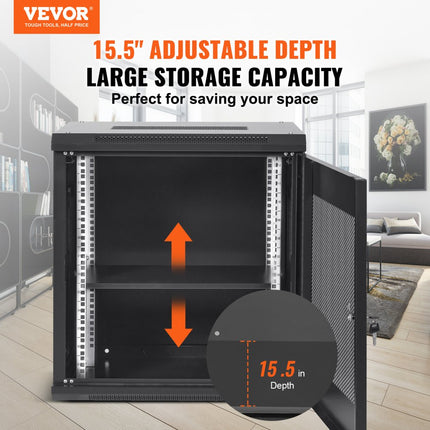 VEVOR 12U wandgemonteerde netwerkserverkast 15,5'' diepe serverrackkastbehuizing Max. 200 lbs. Laadvermogen op de vloer, met afsluitbare zijpanelen, voor IT-apparatuur, A/V-apparatuur