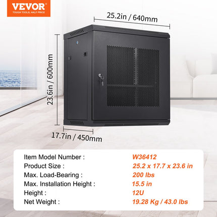 VEVOR 12U wandgemonteerde netwerkserverkast 15,5'' diepe serverrackkastbehuizing Max. 200 lbs. Laadvermogen op de vloer, met afsluitbare zijpanelen, voor IT-apparatuur, A/V-apparatuur
