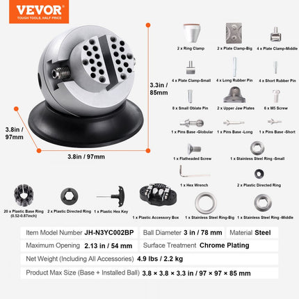 VEVOR Sieraden Ball Vice Set Ball Vice Graveergereedschap 78 mm Kogeldiameter, Sieraden Ball Vice Graveren 54 mm Maximale opening Professionele Ball Vice Tool Verchroomd