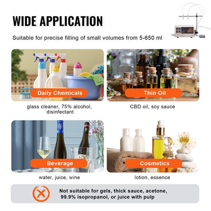 VEVOR vloeistofvulmachine, vulcapaciteit 5-650 ml, automatische flessenvulmachine, vulmachine, peristaltische pomp, digitale bediening voor melk, water, wijn, dranken, sojasaus (dubbel mondstuk