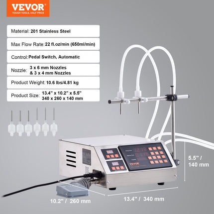 VEVOR vloeistofvulmachine, vulcapaciteit 5-650 ml, automatische flessenvulmachine, vulmachine, peristaltische pomp, digitale bediening voor melk, water, wijn, dranken, sojasaus (dubbel mondstuk