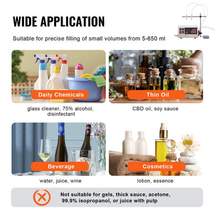 VEVOR vloeistofvulmachine, vulcapaciteit 5-650 ml, automatische flessenvulmachine, vulmachine, peristaltische pomp, digitale bediening voor melk, water, wijn, dranken, sojasaus (enkele D