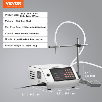 VEVOR vloeistofvulmachine, vulcapaciteit 5-650 ml, automatische flessenvulmachine, vulmachine, peristaltische pomp, digitale bediening voor melk, water, wijn, dranken, sojasaus (enkele D
