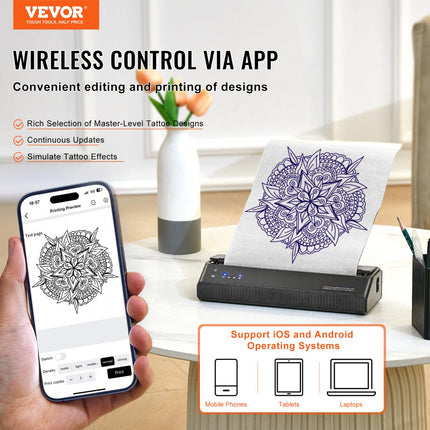 VEVOR Tattoo Transfer-sjabloonprinter, draadloze Bluetooth-tatoeage-sjabloonprinter met 10 stuks transferpapier en stoffen zak, draagbare tattoo-printer voor Android en iOS-telefoon