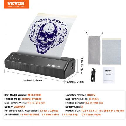 VEVOR Tattoo Transfer-sjabloonprinter, draadloze Bluetooth-tatoeage-sjabloonprinter met 10 stuks transferpapier en stoffen zak, draagbare tattoo-printer voor Android en iOS-telefoon