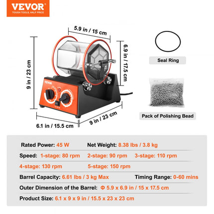 VEVOR Polijsttrommel Sieraden Polijstmachine 3 kg Roterende Tumbler Oppervlakpolijstmachine 60 W Sieraden Polijsten Roterende Tumbler Instelbare Tijd & Snelheid Polijstmachine Kogelmolen voor Goud Zilver Etc.