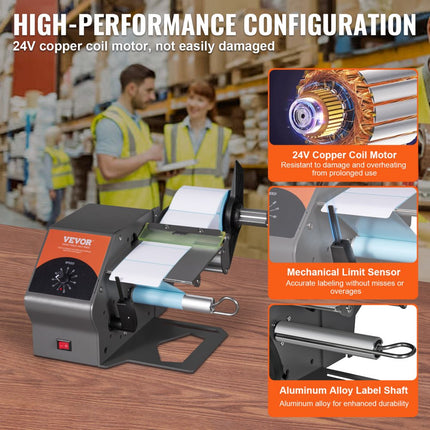 VEVOR Automatische labeldispenser, breedte 5-115 mm, lengte> 5 mm, labelstripper, labelscheidingsmachine, labelapplicator met continue snelheidsaanpassing, 24V koperen spoelmotor