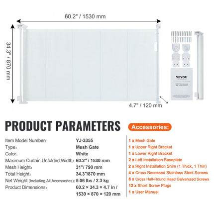 VEVOR Deurhekje Traphekje max. 153 cm Uitschuifbaar Babyhekje 87 cm Hoge Deurpoort Huisdieren Kinderhekje Wit Traphekje voor Klemmen voor Baby Hondenhekje Buiten