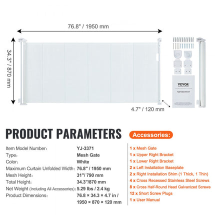 VEVOR Deurhekje Traphekje max. 195 cm Uitschuifbaar Babyhekje 87 cm Hoge Deurpoort Huisdieren Kinderhekje Wit Traphekje voor Klemmen voor Baby Hondenhekje Buiten