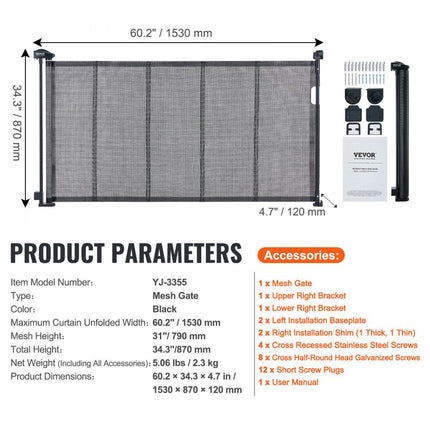 VEVOR Deurhekje Traphekje max. 153 cm Uitschuifbaar Babyhekje 87 cm Hoge Deurpoort Huisdieren Kinderhekje Zwart Traphekje voor Klemmen voor Baby Hondenhekje Buiten