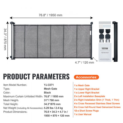 VEVOR Deurhekje Traphekje max. 195 cm Uitschuifbaar Babyhekje 87 cm Hoge Deurpoort Huisdieren Kinderhekje Zwart Traphekje voor Klemmen voor Baby Hondenhekje Buiten