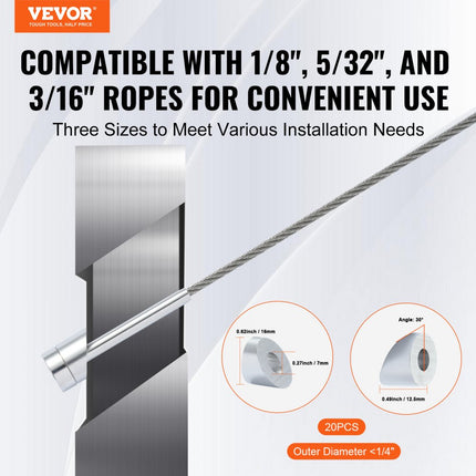 VEVOR 20-pack kabelrailset, 1/8" wielbeschermermouwenbundel met zwarte onzichtbare drukspanner en klem, kabelrailbeschermerhoezen voor 1/8" 3/16" draadkabel, multi-hoekinst