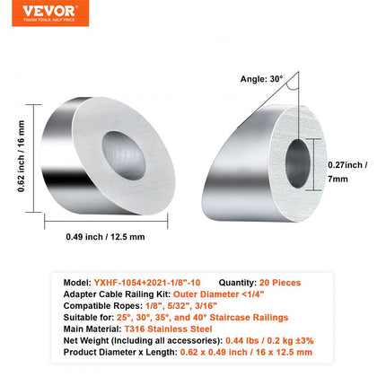 VEVOR 20-pack kabelrailset, 1/8" wielbeschermermouwenbundel met zwarte onzichtbare drukspanner en klem, kabelrailbeschermerhoezen voor 1/8" 3/16" draadkabel, multi-hoekinst