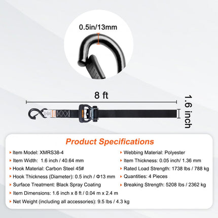 VEVOR Set van 4 spanbanden 0,04 x 2,4 m Spanband 2362 kg Ratelspanband Polyesterband en koolstofstalen haakbevestigingsband Ratelspanband Ideaal voor motorfietsen Fietsen Kajaks UTV Boten ATV
