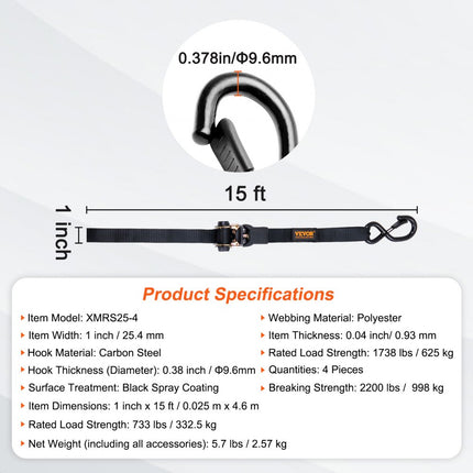 VEVOR Set van 4 spanbanden 0,025 x 4,6 m spanband 998 kg spanband met ratel polyester band haakbevestigingsband van koolstofstaal spanband met ratel ideaal voor motorfietsen fietsen kajaks UTV boten ATV