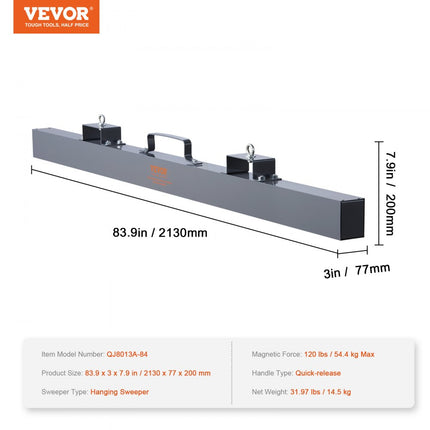 VEVOR magnetische bezem magnetische veegmachine 2130 mm, magnetische veegmachine magnetische bezem magnetische bezem magnetische lifter 54,4 kg magnetische kracht magnetische spanenverzamelaar vloerveger veegmachine