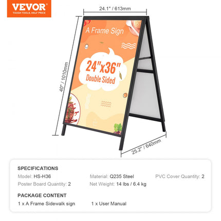 VEVOR stoepbord promenadebord 61 x 91 cm posterstandaard Q235 stalen posterstandaard met frame reclamebord loopbrugbord voor restaurant, bar, café, bedrijf etc.