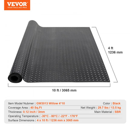 VEVOR Diamond Plate rubberen vloerrol, 3 mm x 4 ft x 10 ft garagevloermat, SBR rubberen garagevloerrol, Diamond Plate rubberen mat voor onder auto's, garage, industrieel, sportschool, zwart