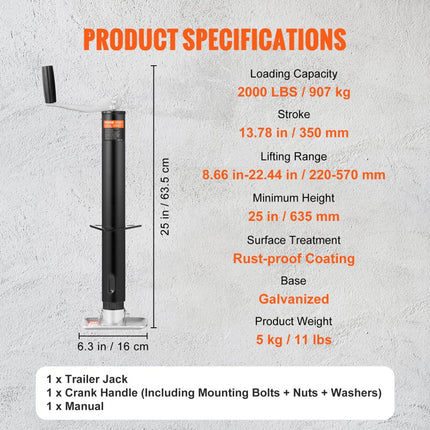 VEVOR 2000lb Trailer Jack A-Frame Bolt On Trailer Jack Stand met handvat voor het heffen van campertrailers, paardentrailers, bedrijfswagentrailers, jachttrailers