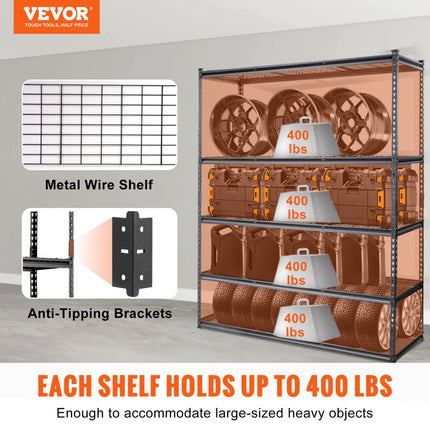 VEVOR opbergrek 5 niveaus verstelbaar 2000lb capaciteit garageplanken metalen organisator draadplank zwart 60" x 24" x 78" voor keuken, bijkeuken kelder badkamer waskast