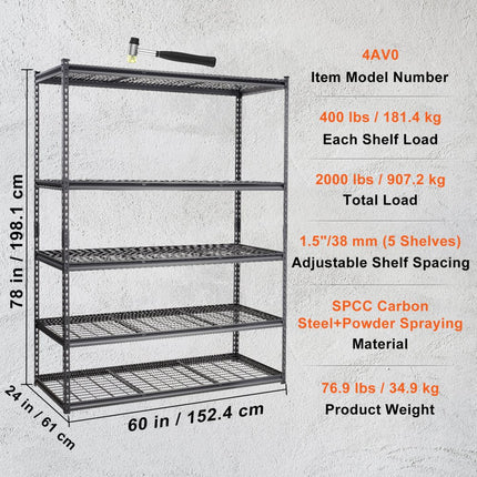 VEVOR opbergrek 5 niveaus verstelbaar 2000lb capaciteit garageplanken metalen organisator draadplank zwart 60" x 24" x 78" voor keuken, bijkeuken kelder badkamer waskast