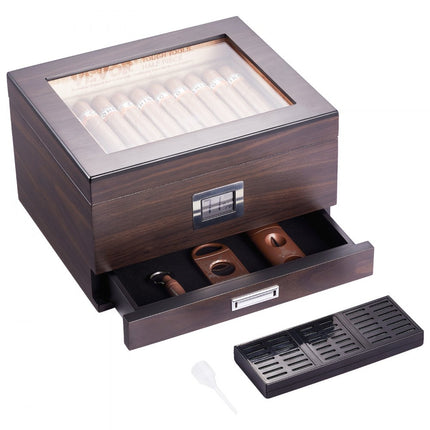 VEVOR 30-50 sigarenhumidor, cederhouten sigarenkistlade met glazen blad