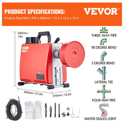 VEVOR 250W pijpreinigingsmachine pijpreinigingsapparaat 20mx15,8mm/4,6mx9,5mm