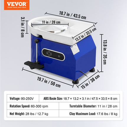 VEVOR Pottenbakkersschijf Aardewerk Wiel Keramische Wiel Machine 450W Elektrische Aardewerk Wiel Machine 28 cm 300 Rpm Aardewerk Wiel Machine