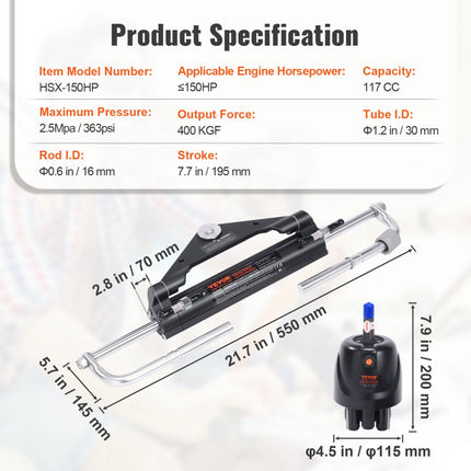 VEVOR hydraulische buitenboordstuurset 150 pk hydraulisch stuursysteem voor scheepsboten met stuurpomp, tweewegslotcilinder en 7 m hydraulische stuurslang voor boten met één station, één motor