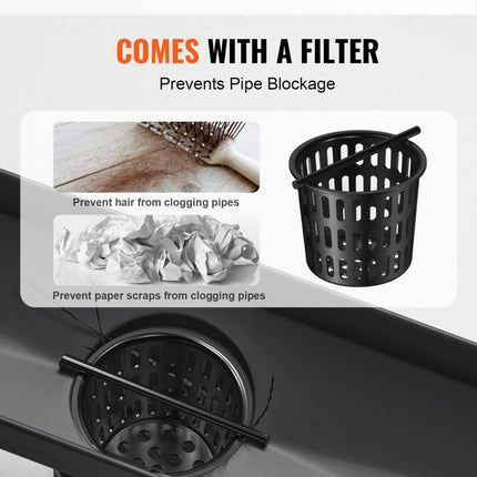 VEVOR douchegoot 609 x 70 x 70 mm afvoergoot 42,5 L/min afvoergoot RVS 304 afvoer douchegoot gebogen met tegelinzet rechthoekige doucheafvoer elegante afvoer met haarzeef zwart