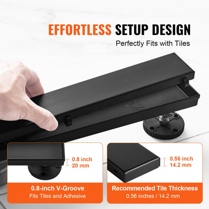 VEVOR douchegoot 609 x 70 x 70 mm afvoergoot 42,5 L/min afvoergoot RVS 304 afvoer douchegoot gebogen met tegelinzet rechthoekige doucheafvoer elegante afvoer met haarzeef zwart