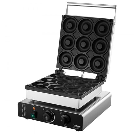 VEVOR Elektrische Donut Maker, 2KW Commerciële Non-stick Donut Machine, 9 Gaten, Dubbelzijdige Verwarming Wafelmachine voor 9 Donuts, 50-300°C, voor Restaurants en Thuisgebruik