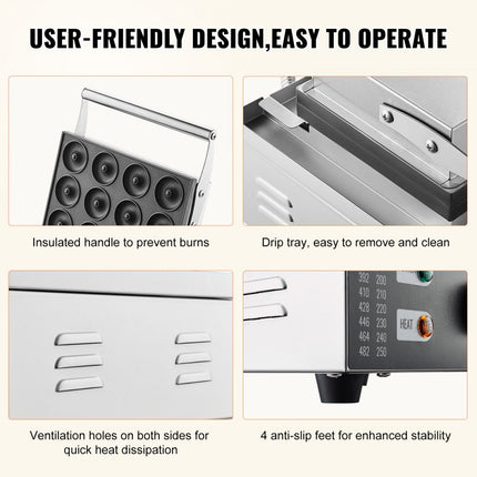VEVOR elektrische donutmaker, 1550 W commerciële non-stick donutmachine, 12-gaats wafelmachine met dubbelzijdige verwarming voor 12 donuts, voor restaurants en thuisgebruik