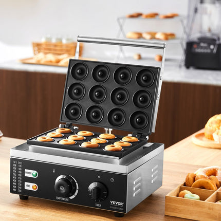 VEVOR elektrische donutmaker, 1550 W commerciële non-stick donutmachine, 12-gaats wafelmachine met dubbelzijdige verwarming voor 12 donuts, voor restaurants en thuisgebruik