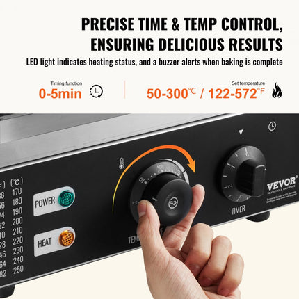 VEVOR Elektrische Donut Maker, 1550W Commerciële Non-stick Donut Machine, 6 Gaten, Dubbelzijdige Verwarming Wafelmachine voor 6 Donuts, 50-300°C, voor Restaurants en Thuisgebruik