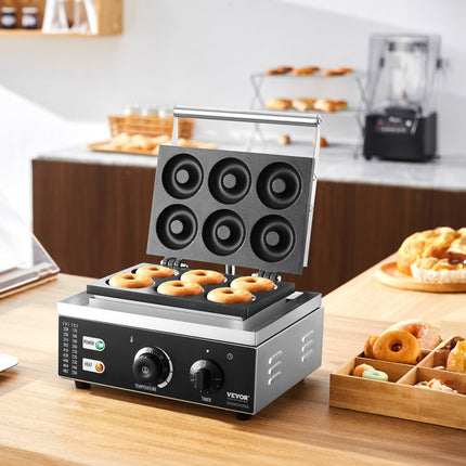 VEVOR Elektrische Donut Maker, 1550W Commerciële Non-stick Donut Machine, 6 Gaten, Dubbelzijdige Verwarming Wafelmachine voor 6 Donuts, 50-300°C, voor Restaurants en Thuisgebruik