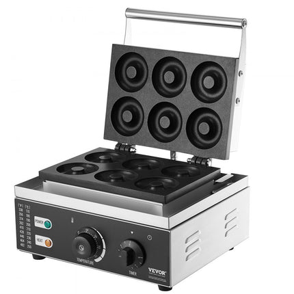VEVOR Elektrische Donut Maker, 1550W Commerciële Non-stick Donut Machine, 6 Gaten, Dubbelzijdige Verwarming Wafelmachine voor 6 Donuts, 50-300°C, voor Restaurants en Thuisgebruik