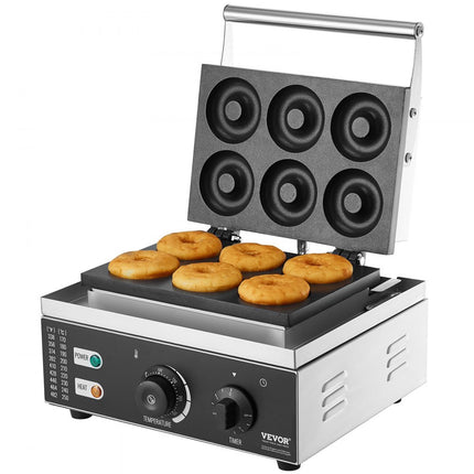VEVOR Elektrische Donut Maker, 1550W Commerciële Non-stick Donut Machine, 6 Gaten, Dubbelzijdige Verwarming Wafelmachine voor 6 Donuts, 50-300°C, voor Restaurants en Thuisgebruik