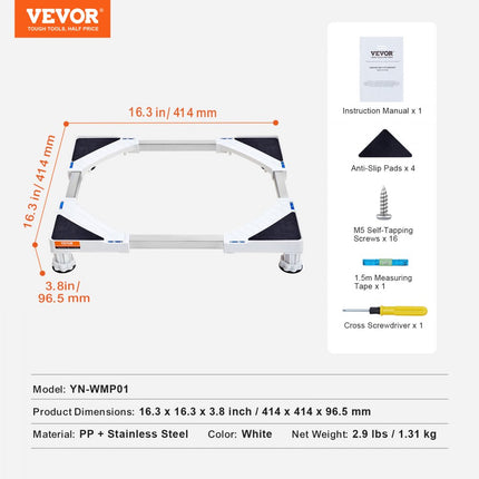 VEVOR Mini-koelkaststandaard 414 x 414 x 96,5 mm Universele wasbasis Verstelbare koelkaststandaard met 4 stabiele voeten Wasmachinebasis voor wasmachine-droger