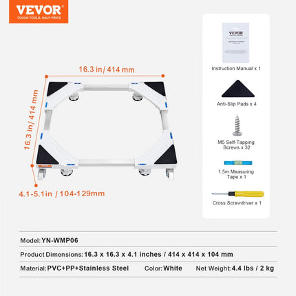VEVOR Mini-koelkaststandaard 414 x 414 x 104 mm Universele wasbasis Verstelbare koelkaststandaard met soepel rollende wielen Wasmachinebasis voor wasmachine en droger