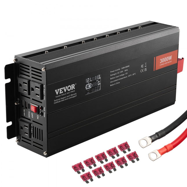 VEVOR Sinusomvormer 3000W DC 12V AC 230V LCD-scherm Stroomomvormer met 3 AC-aansluitingen 2 USB-poorten 1 Type-C-poort 10 Vervangingszekeringen voor grote huishoudelijke apparaten