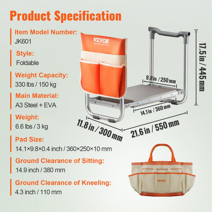 VEVOR tuinkniebank kniebank met zacht kniekussen voor tuinieren - tuinkniebank opvouwbare tuinkruk tot 150 kg met gereedschapstassen, tuinstoel om te knielen en zitten 550 x 300 x 445 mm
