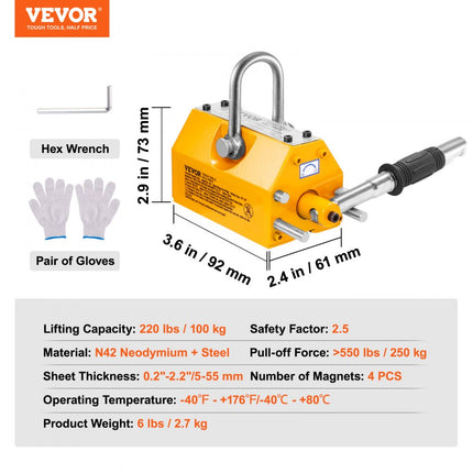 VEVOR lasthefmagneet Kraanmagneet (100 kg laadvermogen, 250 kg trekkracht, -40 tot 80 ℃), 4 stuks magneten Handbediende vorklift Magnetische hefmagneet Hefmagneet Geel Neodymium hefmagneetgereedschap