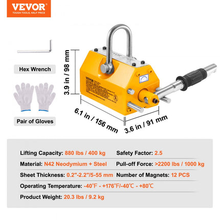VEVOR magnetische lifter, 880 lbs / 400 kg trekkracht, 2,5 veiligheidsfactor, neodymium en staal, hefmagneet met ontgrendeling, permanente hefmagneten, heavy-duty magneet voor heffen, winkelkraan, blok, bord