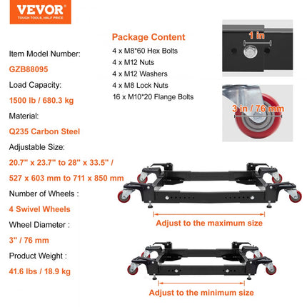 VEVOR-basis 680,3 kg voetstuk Q235 koolstofstaal Verstelbare wasmachinebasis met wielen Verstelbare maat 527 x 603 mm tot 711 x 850 mm Ideaal voor wasmachines Koelkasten Computerservers