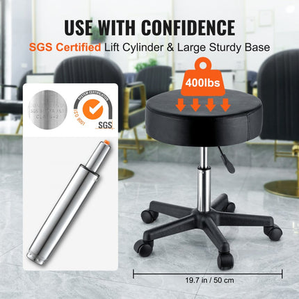 VEVOR Rollende kruk met wielen, 181 kg draagvermogen, in hoogte verstelbare kruk met ultradik zitkussen, draaibare kruk voor salon, bar, thuis, kantoor, medisch, massage, zwart
