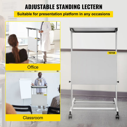 VEVOR Leraren Podium 58,4x40x135 cm Stand Up Podium 103-135 cm Hoogtebereik Floor Standing Lectern Gemaakt van SPCC met 360° Zwenkwielen en Onderste Opbergplank voor de Klas Leeszaal Slaapkamer enz